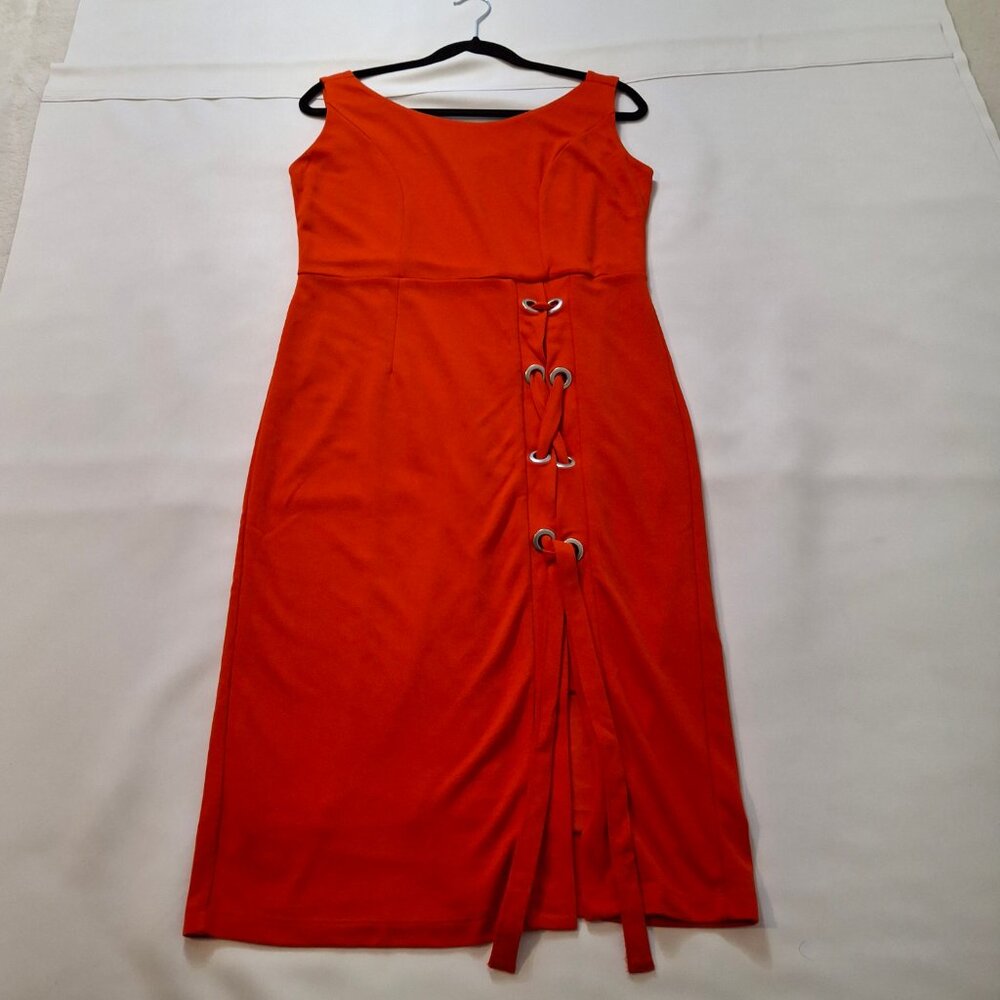 Venus Womens Sleek Pencil Coral Dress Size L Laced Slit Back Zipper Sleeveless - Picture 2 of 15